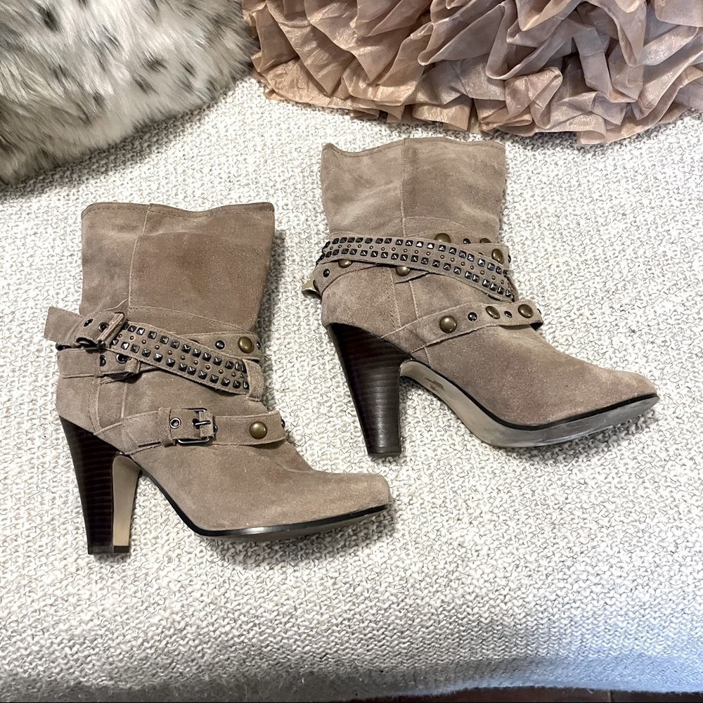 Dolce Vita Beige Tan Suede Leather Heeled Metal Studded Strappy Ankle Boots